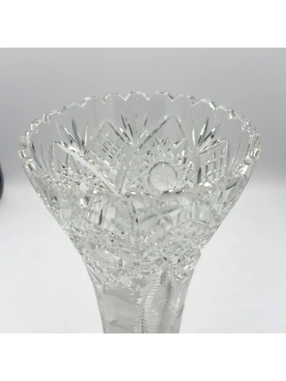 Vintage American Brilliant Cut Glass Trumpet Vase Hobstar 10